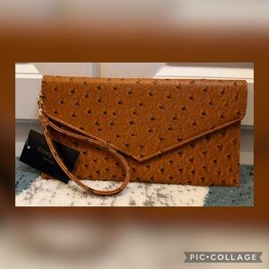 D’Margeaux Cognac Ostrich Embossed Envelope Clutch Wristlet NWT